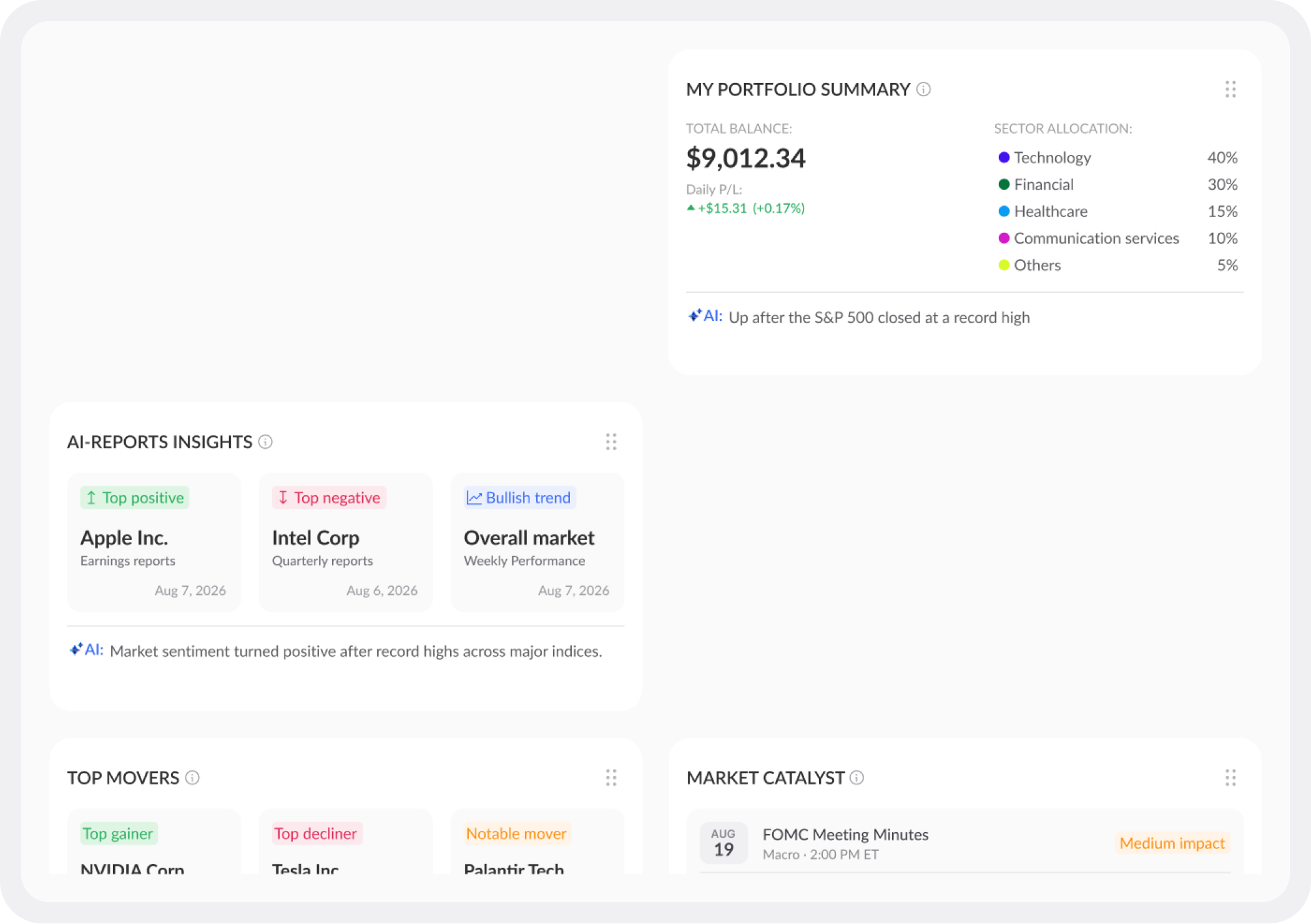 Clear Report dashboard with portfolio, reports, movers and market catalyst